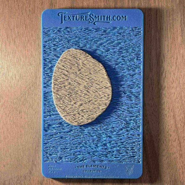 A tarot card with a textured oval shape on a blue patterned background.
