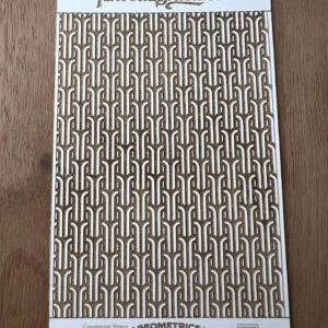A patterned textile or wallpaper with interlocking geometric design in neutral colors.