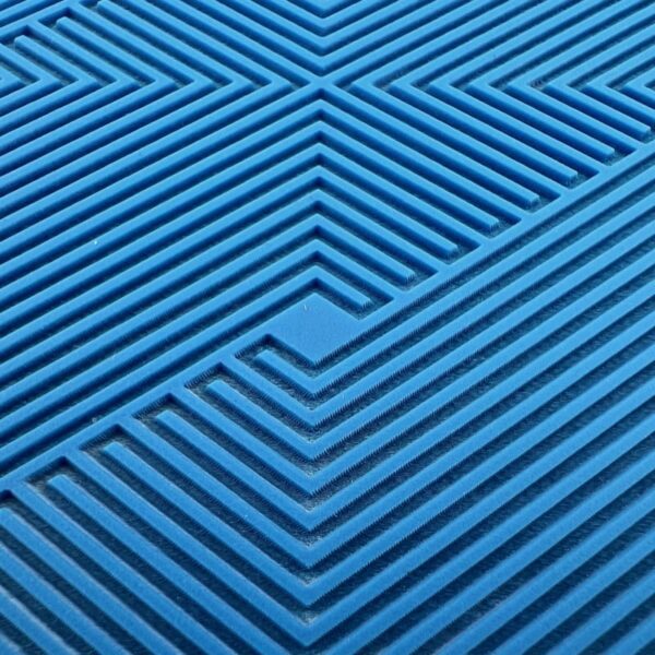 Blue geometric pattern with intersecting lines and shapes.