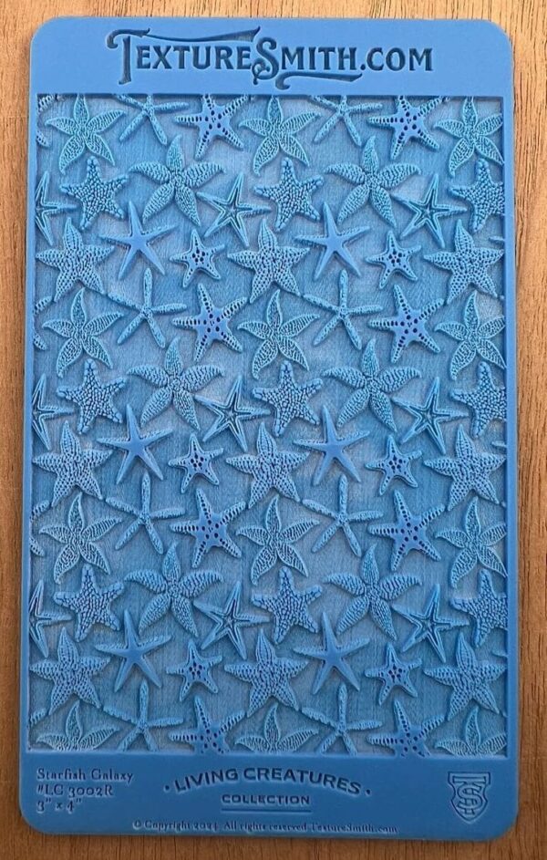 Blue textured wall art with starfish patterns framed in wood.
