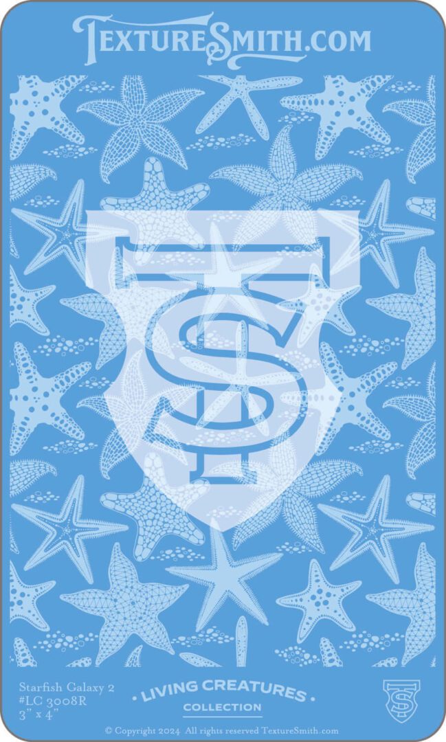 Blue pattern with white starfish and a translucent emblem.