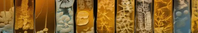Close-up of fossilized bamboo segments showing detailed internal structures.