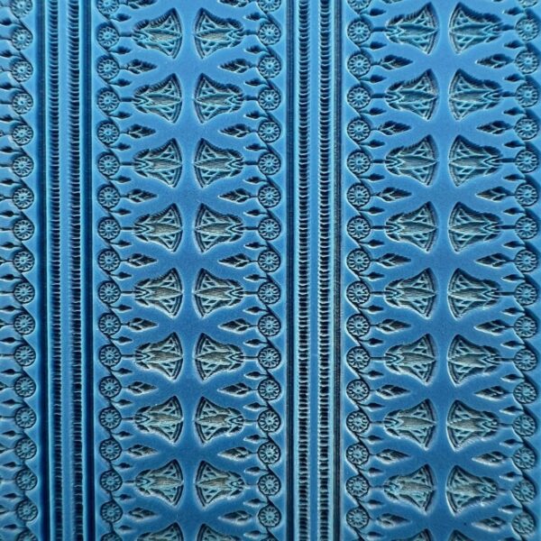 Close-up of intricate blue fabric with patterned embroidery.