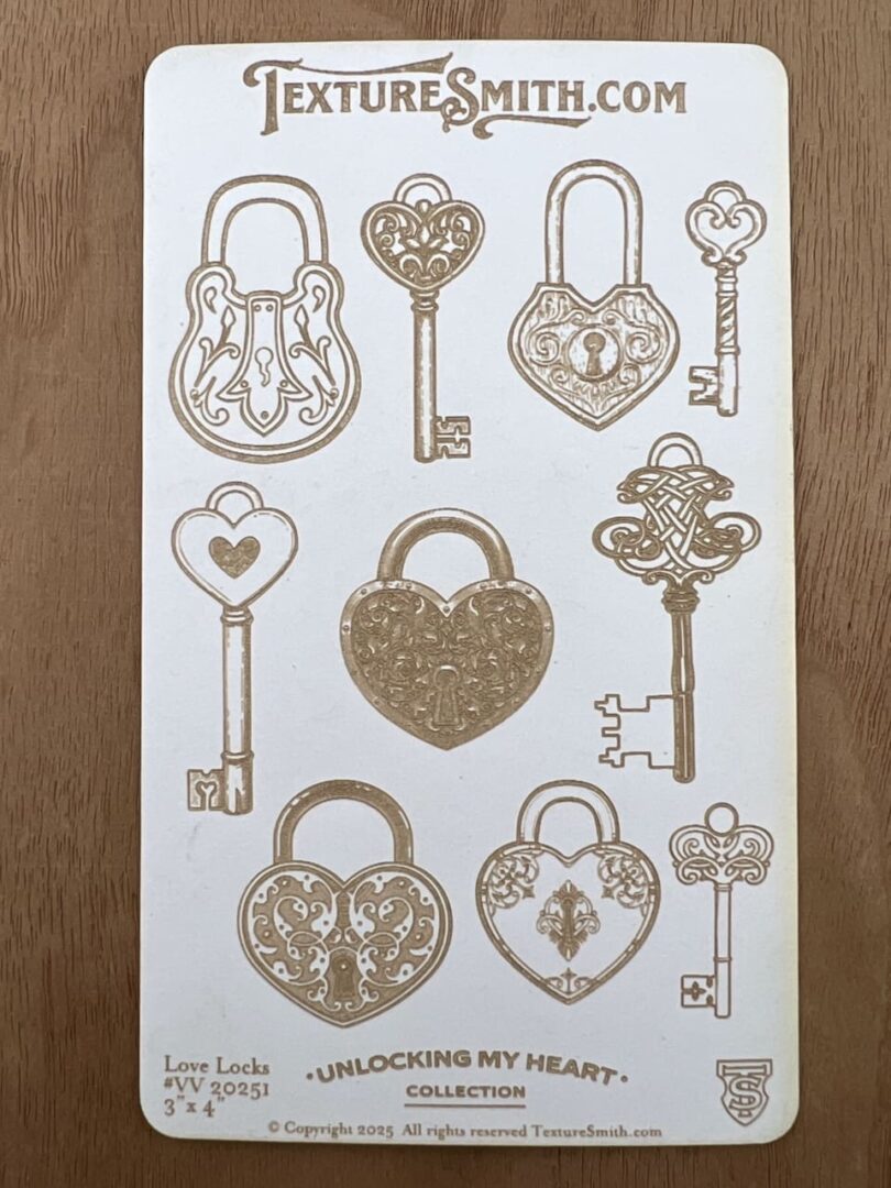 Intricate metallic keys and heart-shaped locks with delicate designs.