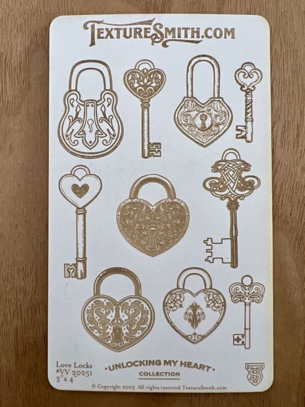 Decorative vintage keys and heart-shaped locks set on a wooden surface.