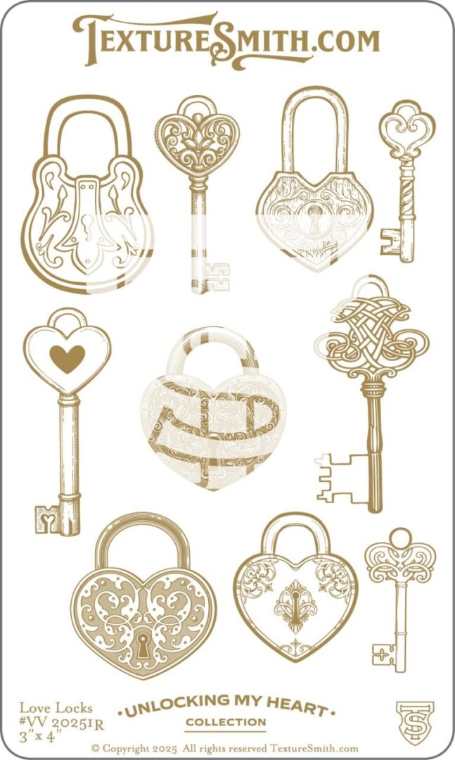 Vintage gold keys and padlocks with intricate designs on a white background.
