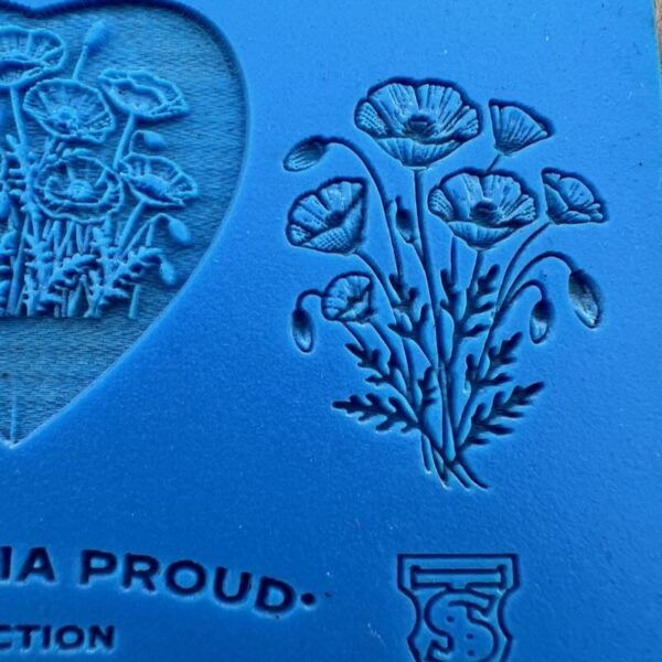 Close-up of a blue Canadian quarter showing a poppy design.