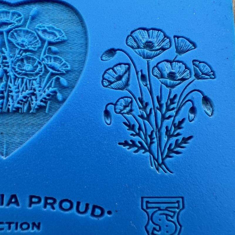 Close-up of a blue Canadian quarter showing a poppy design.