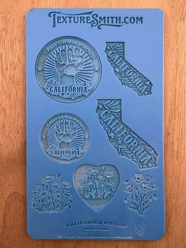 Silicone mold with California-themed designs including state shape and seals.