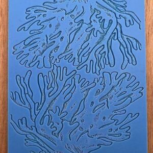 Blue abstract artwork with organic, branching shapes on a wooden background.