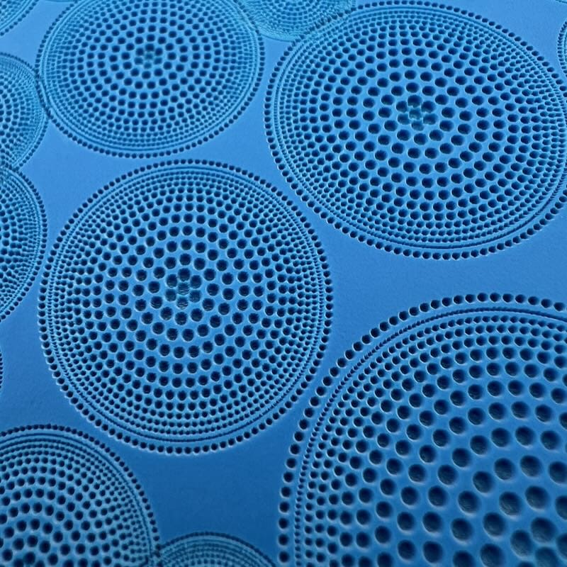 Blue circular patterns with intricate dot designs on a textured surface.