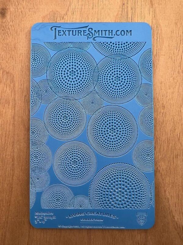 A blue stencil sheet with circular geometric patterns on a wooden surface.