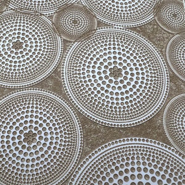 Intricate circular patterns with detailed mesh designs in a neutral color palette.