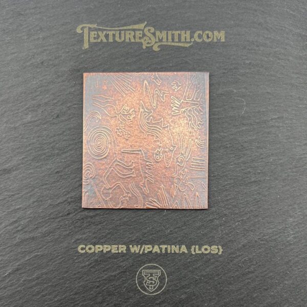Close-up of a textured copper plate with artistic patina against a dark background.