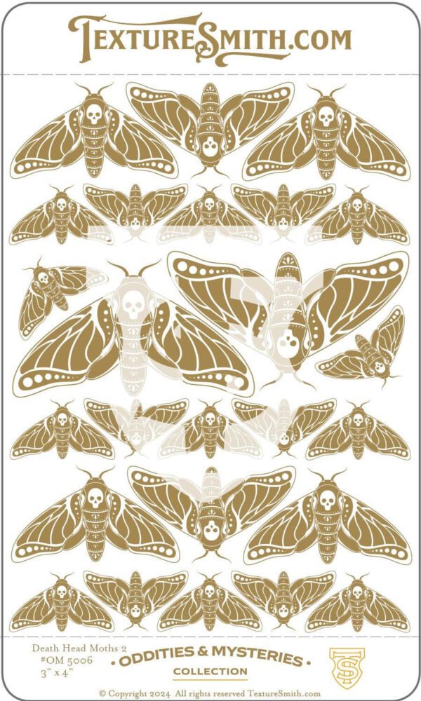 Intricate gold moth and butterfly illustration pattern on white.