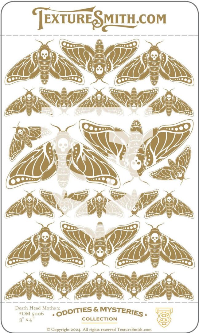 Intricate gold moth and butterfly illustration pattern on white.