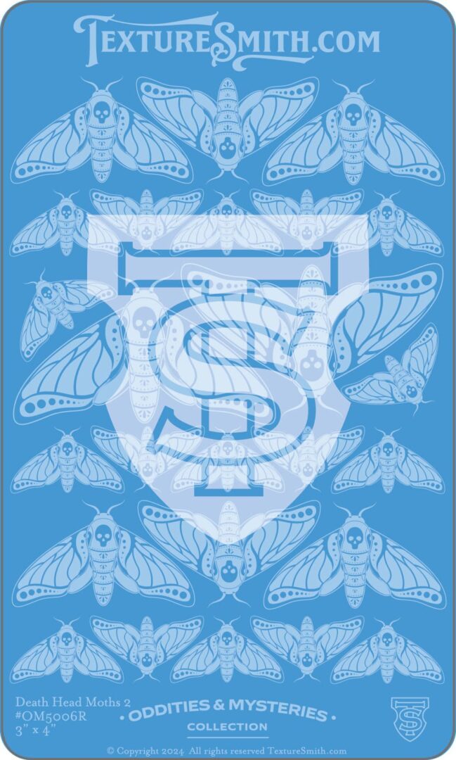 Blue graphic with moths surrounding a shield emblem featuring an 'S'.