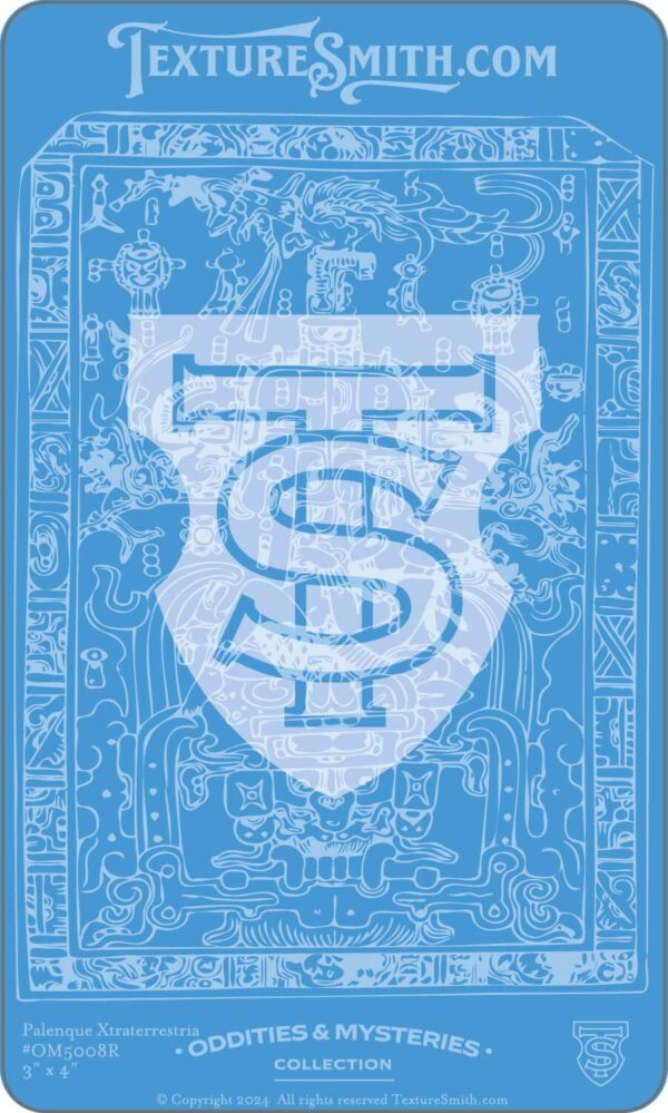 Blue emblem with stylized letters and intricate border design.