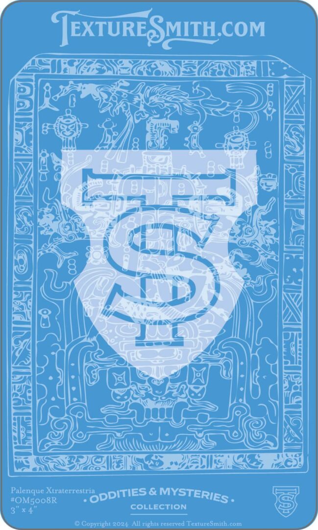 Blue emblem with stylized letters and intricate border design.