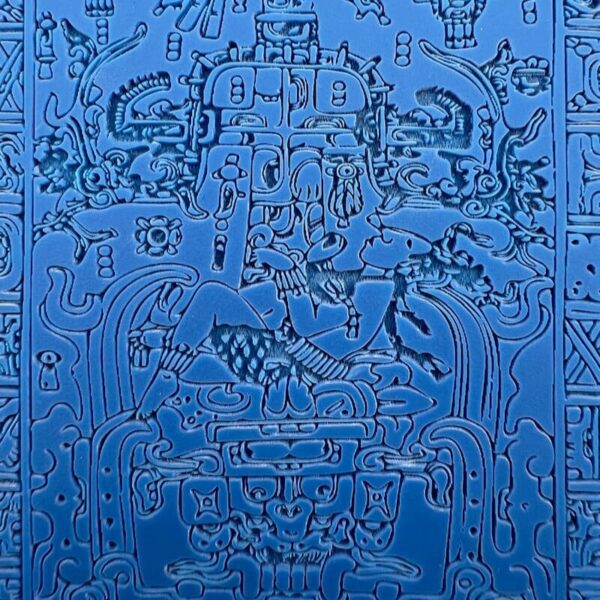Intricate blue embossed artwork with detailed mythical and animal figures.