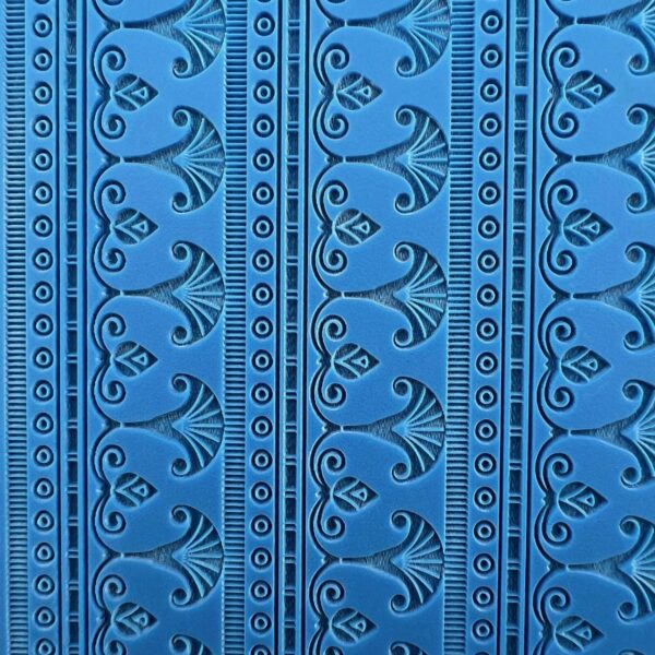 Blue fabric with intricate floral and geometric patterns.