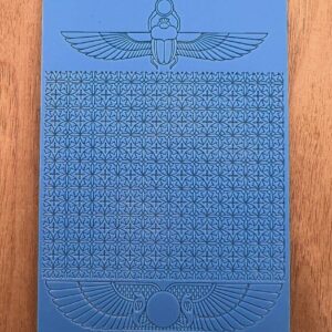 Blue panel with intricate Egyptian hieroglyphs and symbols.