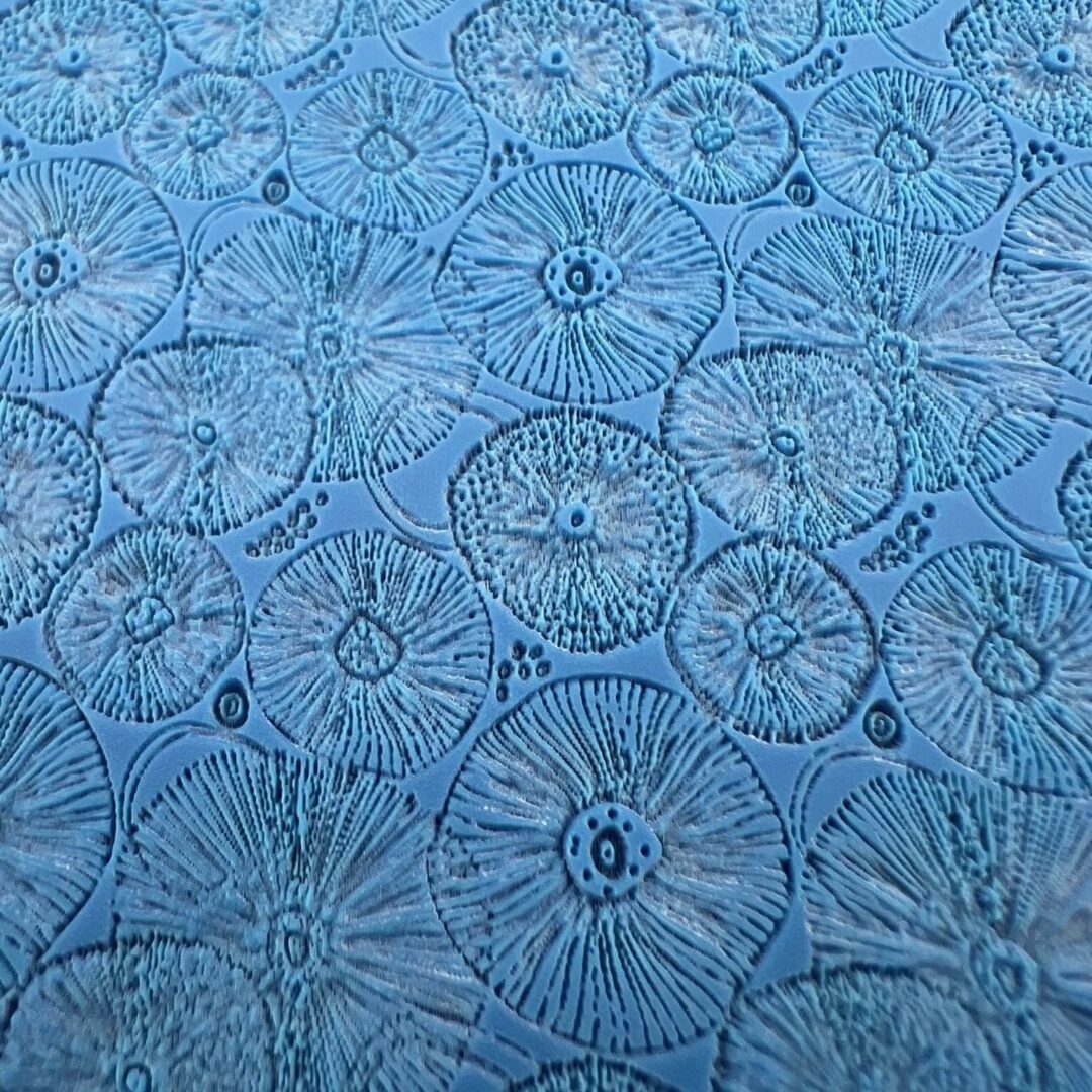 Blue fabric with intricate circular floral patterns embroidered.
