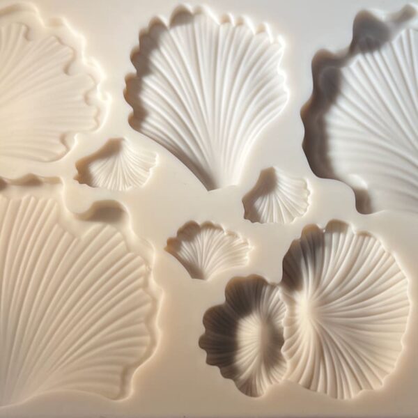 White seashell-shaped decorations on a light surface.