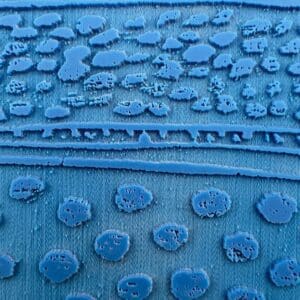 Close-up of a blue fabric with textured circular patterns.