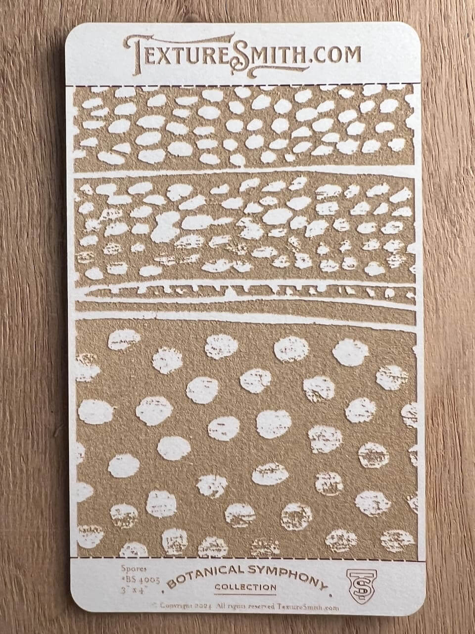Abstract painting with white dots and lines on a brown background.