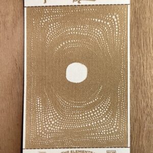 Abstract artwork featuring a central white circle surrounded by intricate, swirling gold patterns on a beige background.
