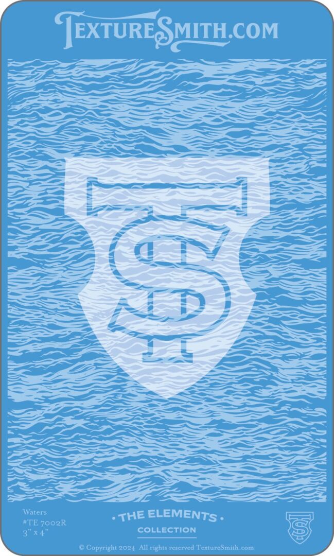 A white emblem with letters on a textured blue background.