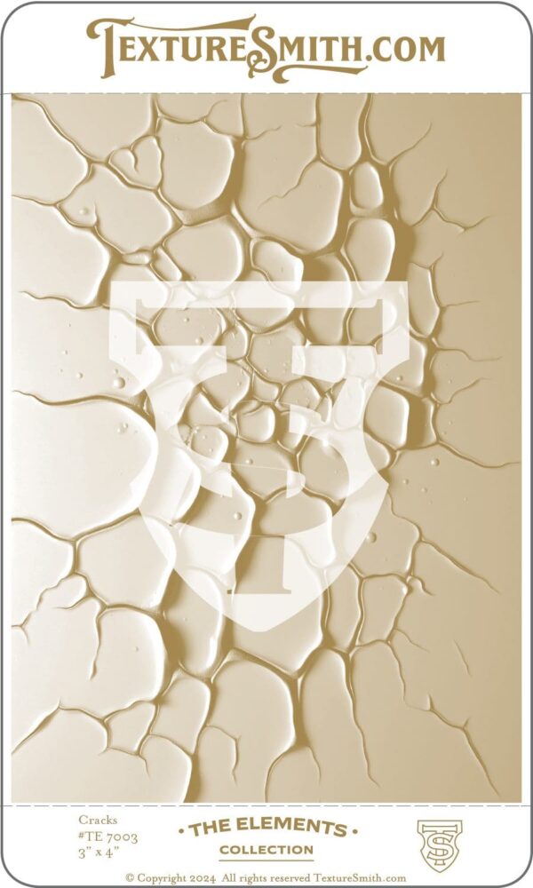 Abstract beige and white cracked surface with a geometric shield symbol.