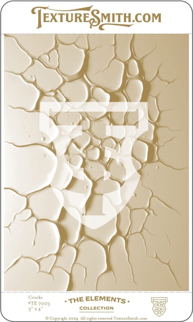 Abstract beige and white cracked surface with a geometric shield symbol.