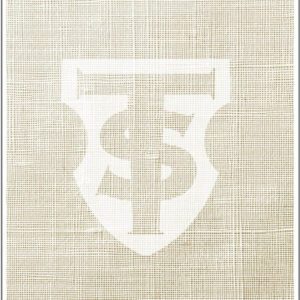 White stylized monogram logo on textured beige background.